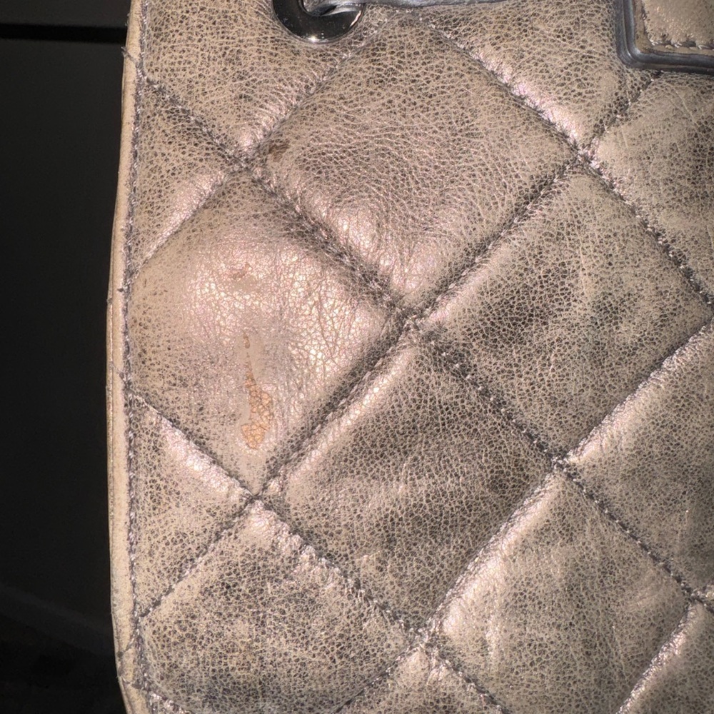 Michael Kors Silver Tan Quilted Satchel GUC - Picture 6 of 13